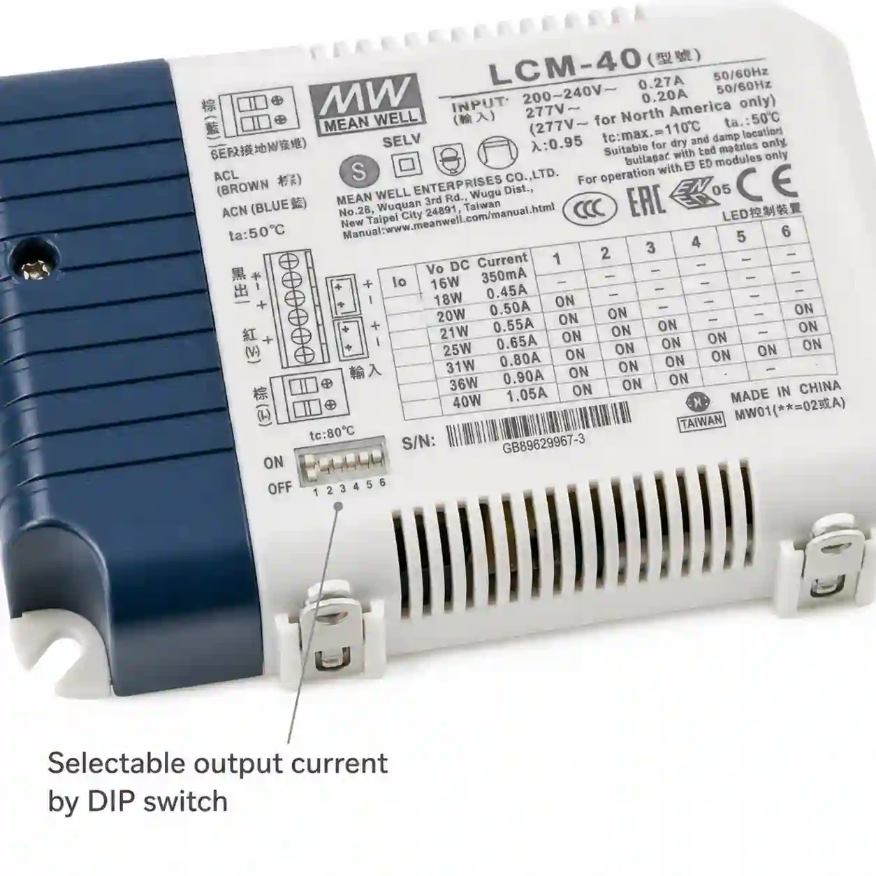 Nastavení výstupního proudu DIP přepínačem LED zdroje LCM-40